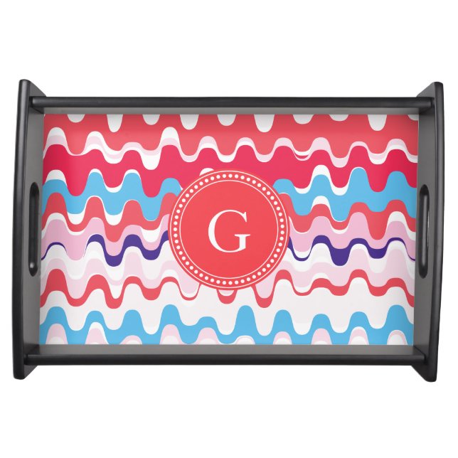 Cute colorful pink red abstract pattern monogram serving tray (Front)