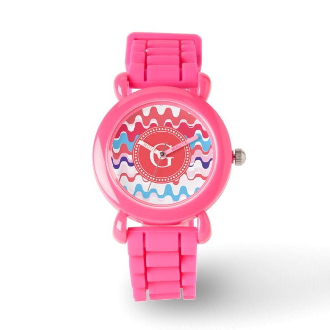 Cute colorful pink red abstract pattern monogram watch (Front)