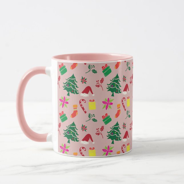 Cute Colorful Pink Red Merry Christmas Pattern  Mug (Left)