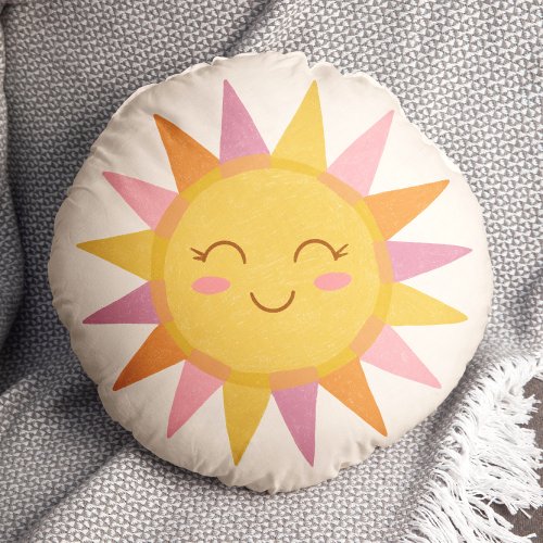 Cute Colorful Pink Sunshine Smiling Face Round Pillow