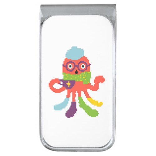 Cute colorful pixeled sick octapus throw pillow silver finish money clip