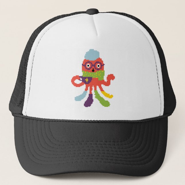 Cute colorful pixeled sick octapus throw pillow trucker hat (Front)