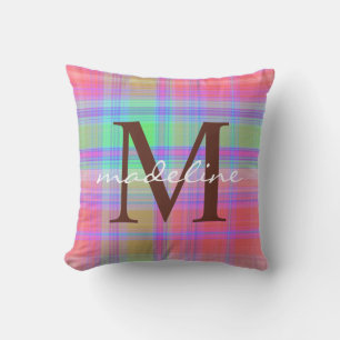 Cute Colorful Plaid Stripes Pattern Monogram Throw Pillow