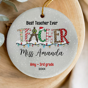 Cute Colorful Plaid Typography Teacher Gift Ceramic Ornament
