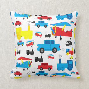 Cute Colorful Planes, Trains and Cars Collage Throw Pillow