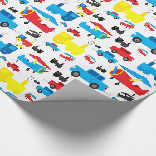 Cute Colorful Planes Trains and Cars Collage Wrapping Paper