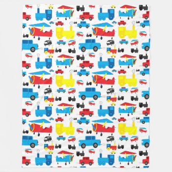 Cute Colorful Planes  Trains And Cars Pattern Fleece Blanket by judgeart at Zazzle