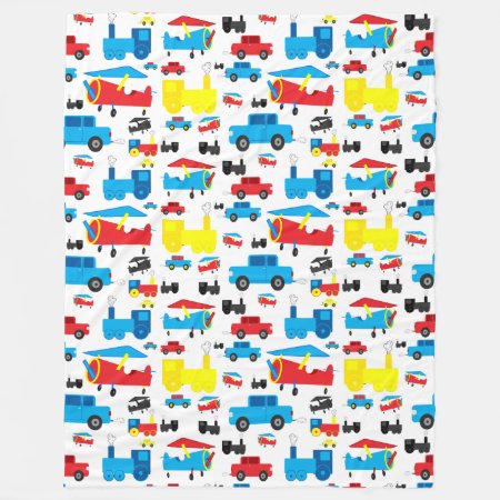Cute Colorful Planes, Trains And Cars Pattern Fleece Blanket