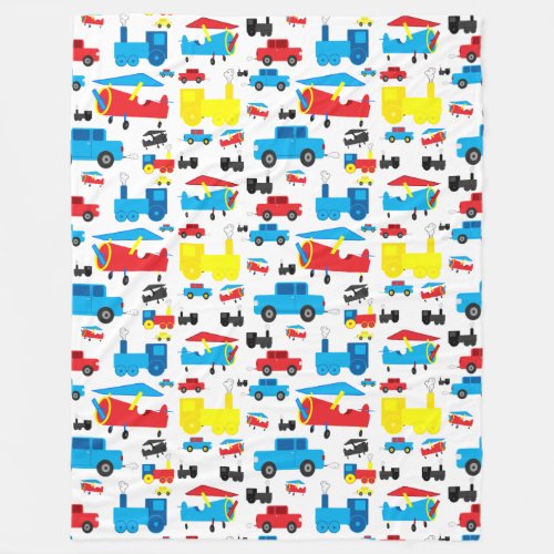 Cute Colorful Planes Trains and Cars Pattern Fleece Blanket
