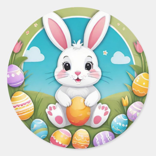 Cute Colorful Playful Easter Bunny Eggs Stickers (Front)