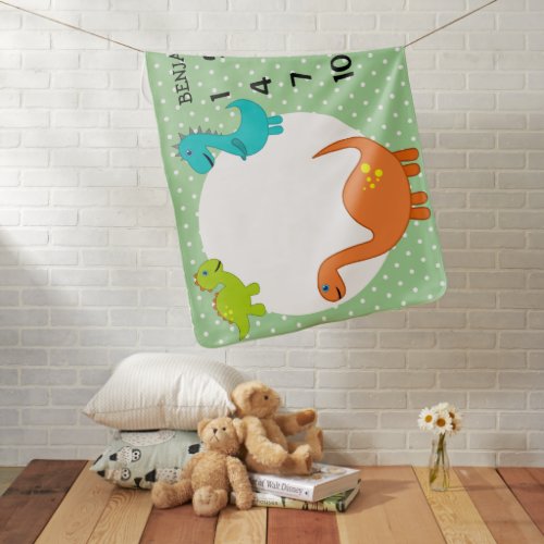 Cute Colorful Polka Dot Dinosaur Month Milestone Baby Blanket