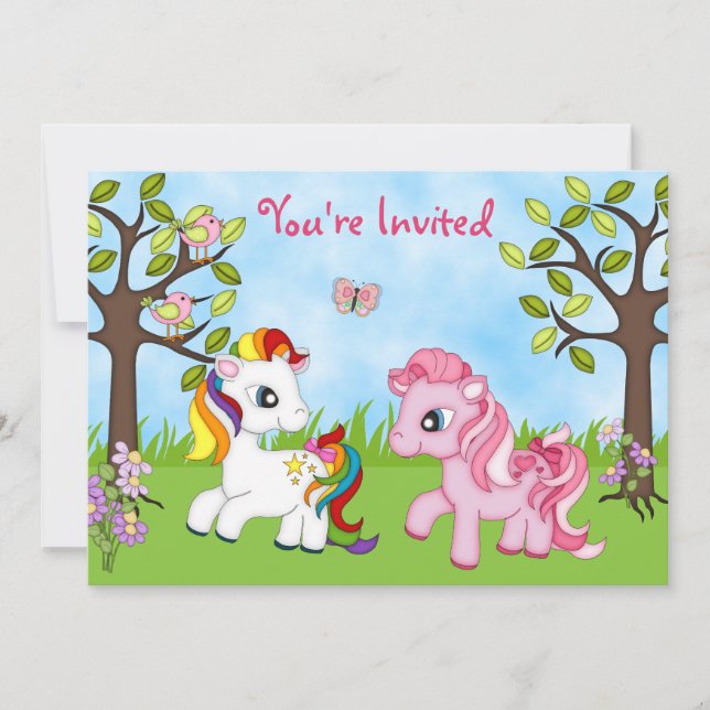 Cute Colorful Ponies Girls Horse Birthday Invite (Front)