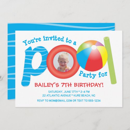 Cute Colorful Pool Party Kids Birthday Party Photo Invitation