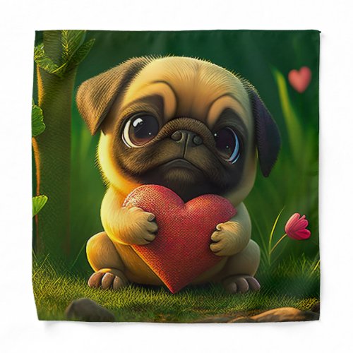 Cute Colorful Pug Dog Puppy Holding a Heart  Bandana
