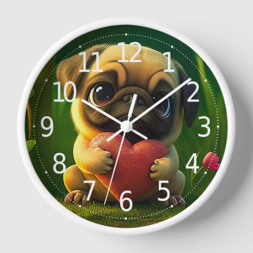Cute Colorful Pug Dog Puppy Holding a Heart  Clock