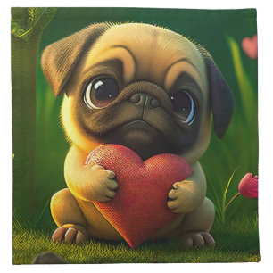 Cute Colorful Pug Dog Puppy Holding a Heart Cloth Napkin