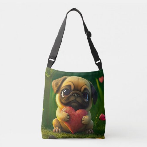 Cute Colorful Pug Dog Puppy Holding a Heart  Crossbody Bag
