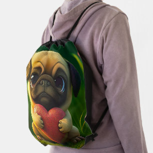 Cute Colorful Pug Dog Puppy Holding a Heart   Drawstring Bag