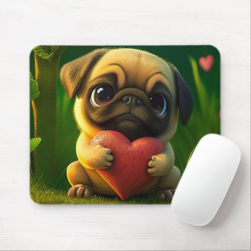 Cute Colorful Pug Dog Puppy Holding a Heart  Mouse Pad
