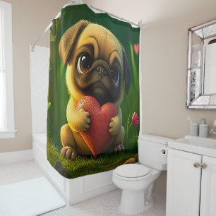 Cute Colorful Pug Dog Puppy Holding a Heart Shower Curtain