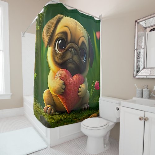 Cute Colorful Pug Dog Puppy Holding a Heart  Shower Curtain
