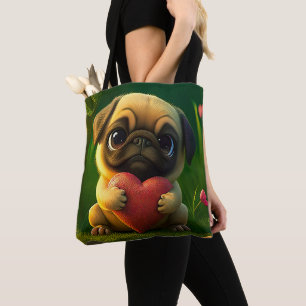 Cute Colorful Pug Dog Puppy Holding a Heart Tote Bag