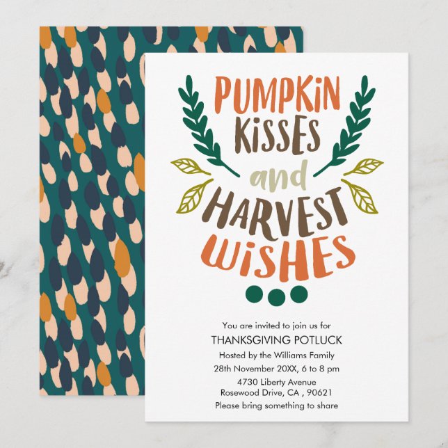 Cute Colorful Pumpkin Kisses Foliage Thanksgiving Invitation (Front/Back)