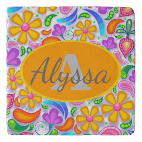 Cute Colorful Purple Yellow Floral Monogram Trivet