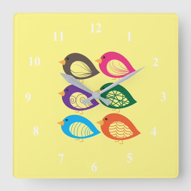 Cute colorful quirky birds square wall clock (Front)
