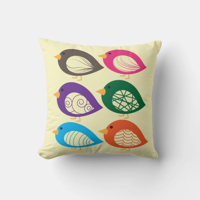 Cute colorful quirky birds throw pillow (Front)