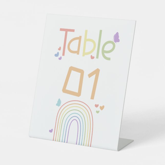 Cute Colorful Rainbow Baby Shower Table Numbers Pedestal Sign (Front)