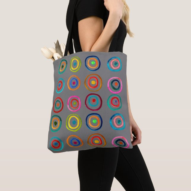 Cute colorful rainbow circles whimsical tote bag (Close Up)
