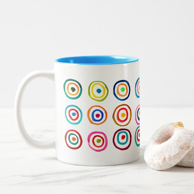 Cute colorful rainbow circles whimsical Two-Tone coffee mug (With Donut)