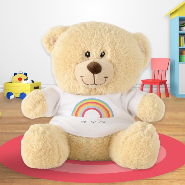 Cute Colorful Rainbow Custom Text Teddy Bear (A cute teddy bear, wearing a t-shirt with rainbow picture. Personalize with a name or other text)