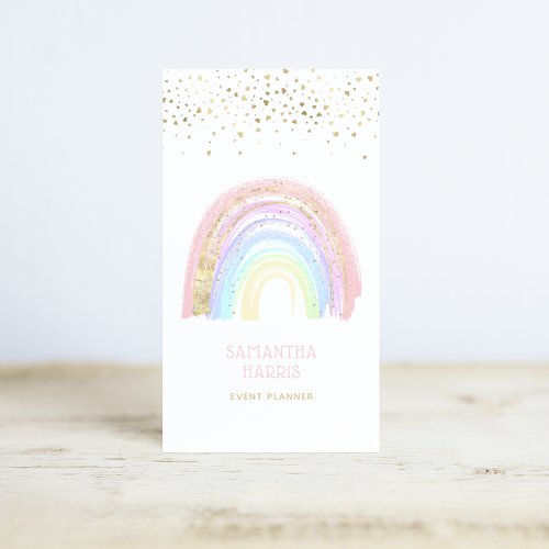 Cute Colorful Rainbow  Gold Heart Confetti Business Card