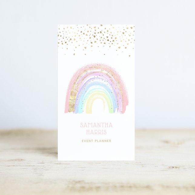 Cute Colorful Rainbow & Gold Heart Confetti Business Card (Creator Uploaded)