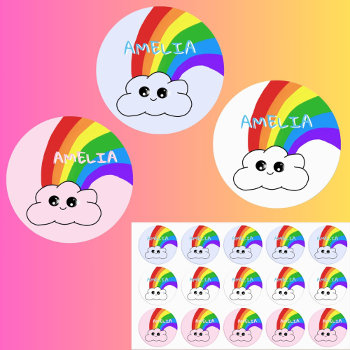 Cute Colorful Rainbow Kawaii Cloud Name Kids' Labels by OneLook at Zazzle