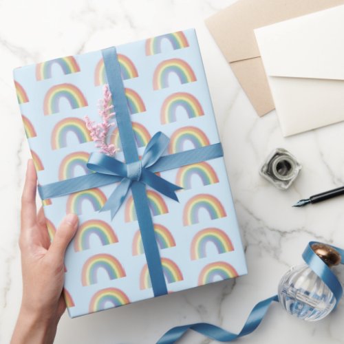 Cute Colorful Rainbow on Soft Pastel Blue Sky Wrapping Paper