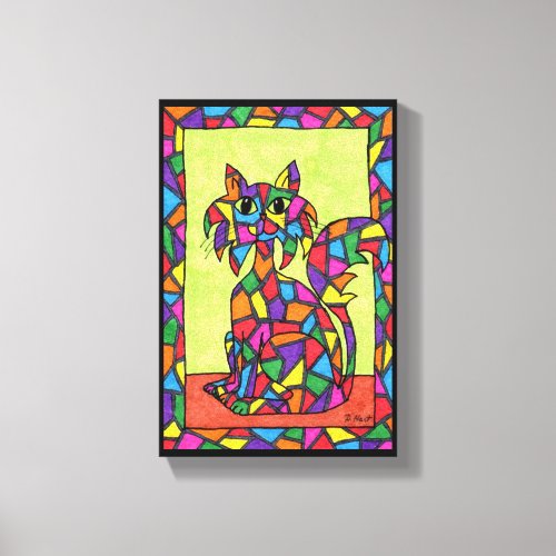 Cute Colorful Rainbow Stained Glass Mosaic Cat Canvas Print