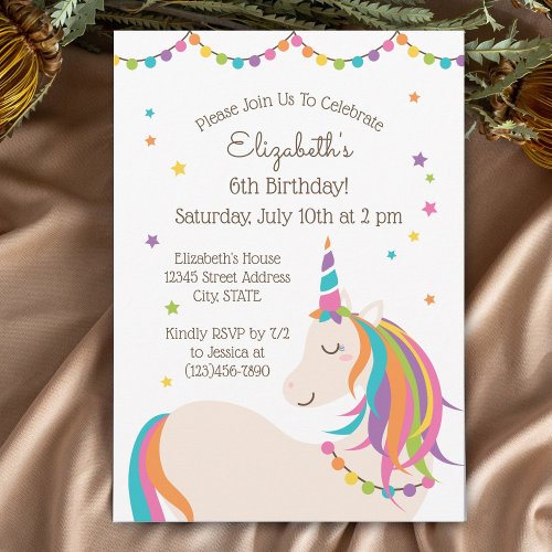 Cute Colorful Rainbow Unicorn Kids Birthday Party Invitation