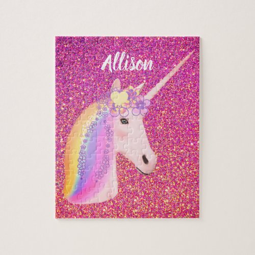 Cute Colorful Rainbow Unicorn Pink Glitter Name Jigsaw Puzzle