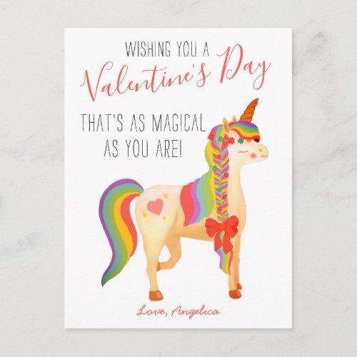 Cute Colorful Rainbow Unicorn Valentines Day Kids Postcard