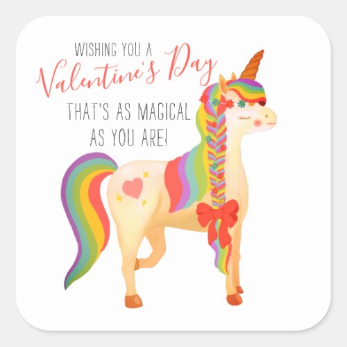 Cute Colorful Rainbow Unicorn Valentines Day Kids Square Sticker