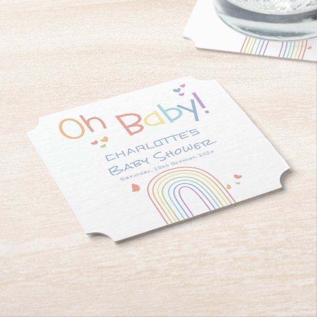 Cute Colorful Rainbow with Hearts Baby Shower Paper Coaster (Angled)