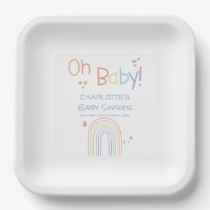 Cute Colorful Rainbow with Hearts Baby Shower Paper Plates