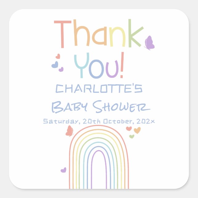 Cute Colorful Rainbow with Hearts Baby Shower Square Sticker (Front)