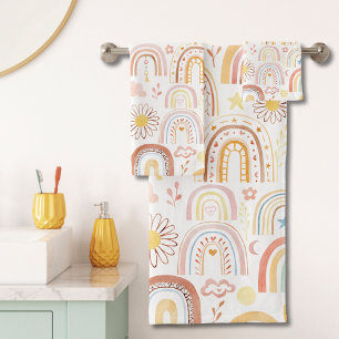 Cute Colorful Rainbows and Daisy Flowers Abstract Bath Towel Set