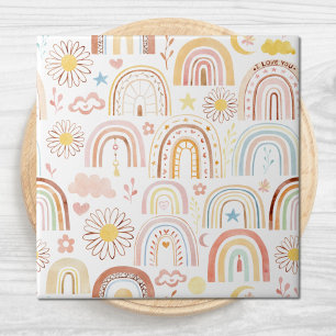 Cute Colorful Rainbows and Daisy Flowers Abstract Ceramic Tile