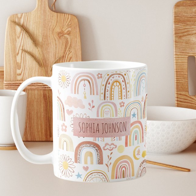 Cute Colorful Rainbows and Daisy Flowers Abstract Coffee Mug (In situ)