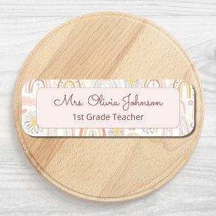 Cute Colorful Rainbows and Daisy Flowers Abstract Name Tag